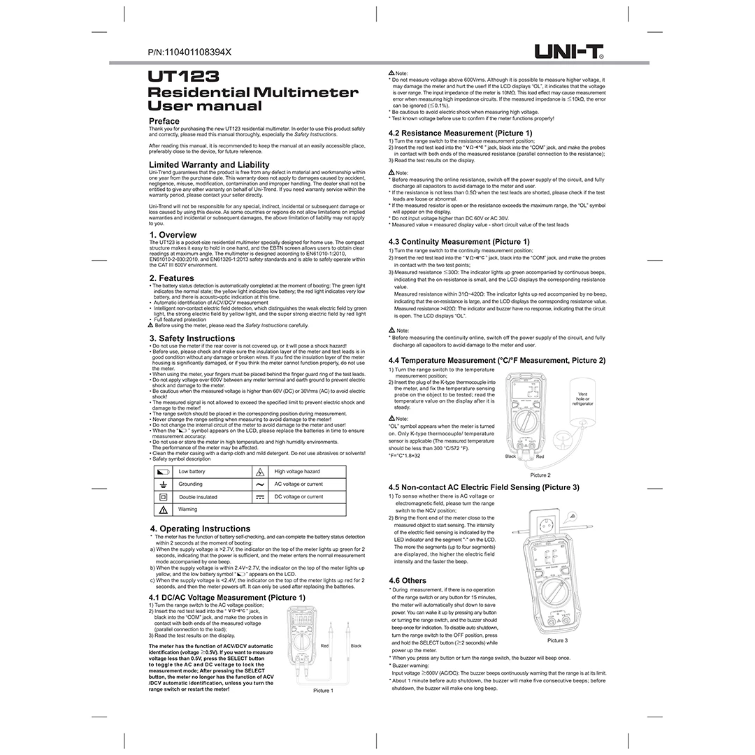 (1pc) Uni-T UT 123 Pocket Sized Residential Multimeter ( 362002194 )