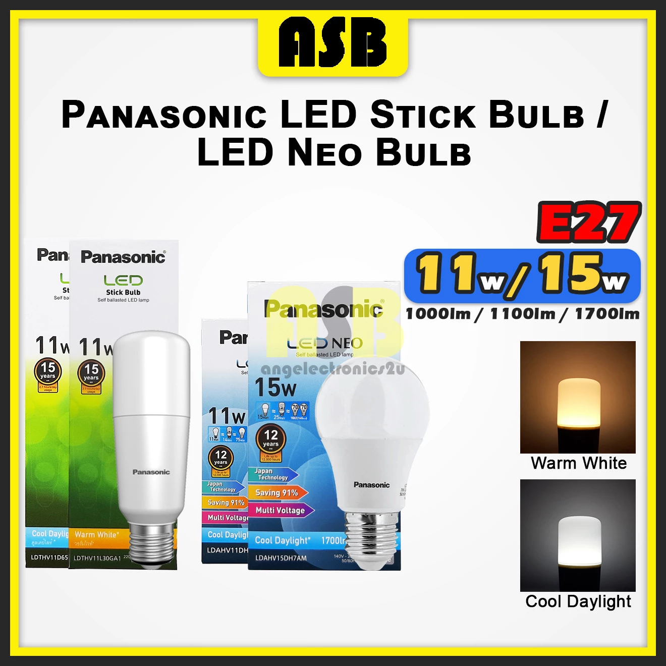 (1pc) Panasonic LED Stick Bulb / LED Round Bulb E27 Lampu Mentol LED灯泡  ( 11W / 15W )( Cool Daylight / Warm White )
