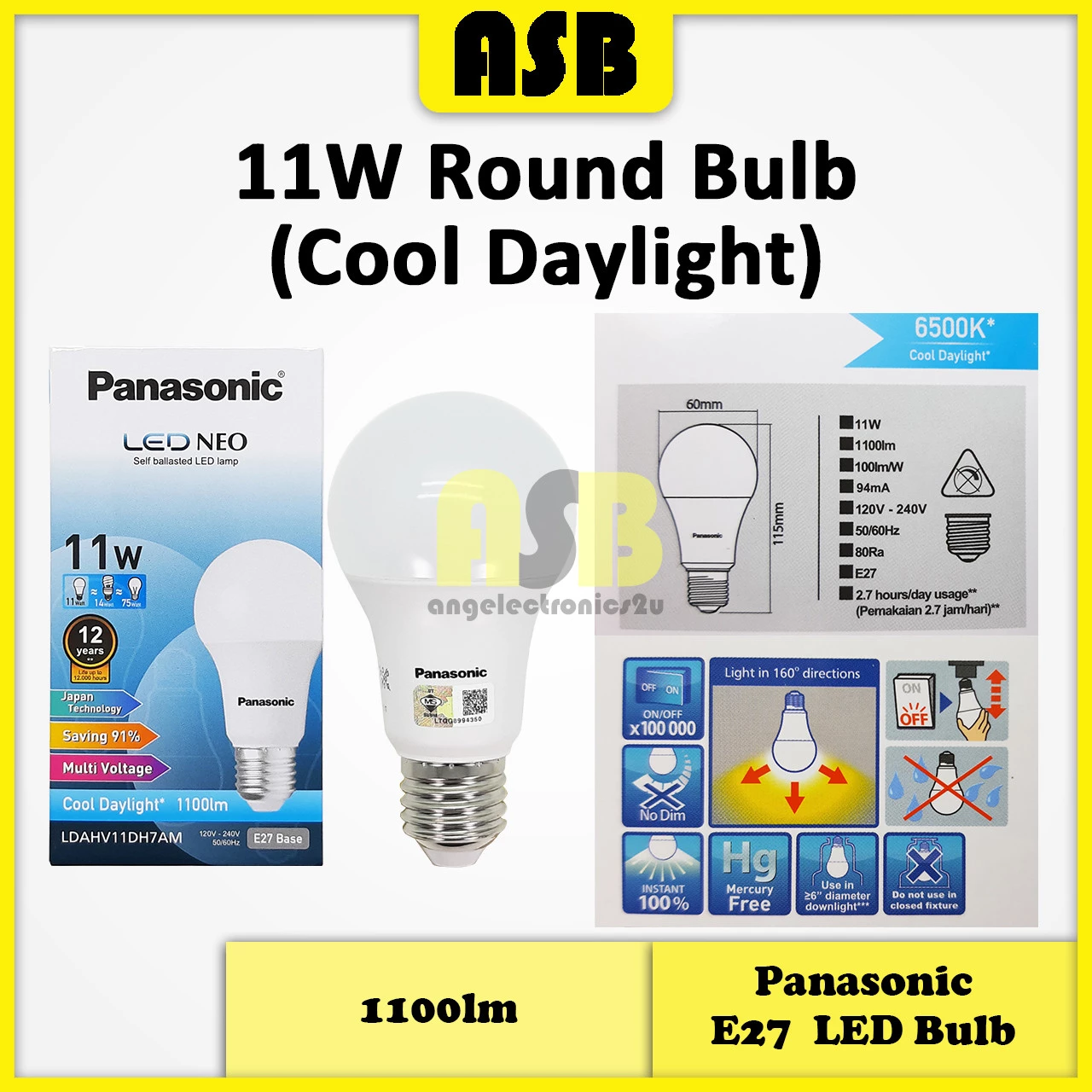 (1pc) Panasonic LED Stick Bulb / LED Round Bulb E27 Lampu Mentol LED灯泡  ( 11W / 15W )( Cool Daylight / Warm White )
